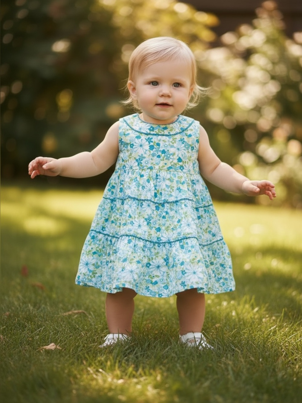 Sleeveless Blue & Green Floral Tiered Baby Dress 👶🍼